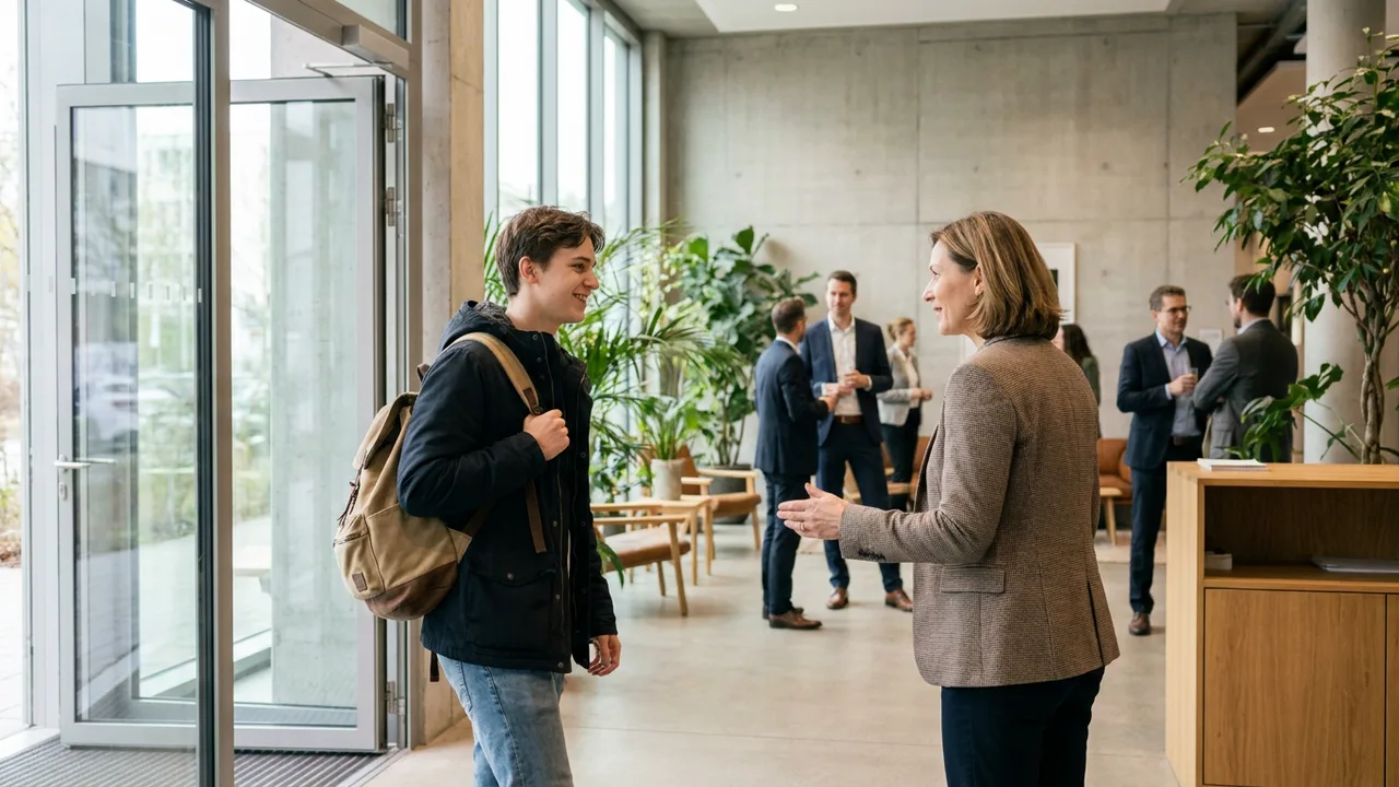 Werkstudentin wird am ersten Arbeitstag im Unternehmen begrüßt