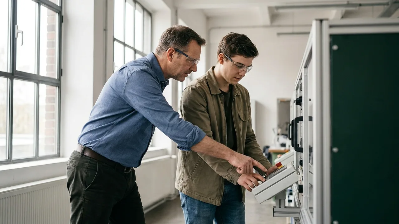 Mentor erklärt einer Praktikantin die Arbeit an einem Gerät im Betrieb
