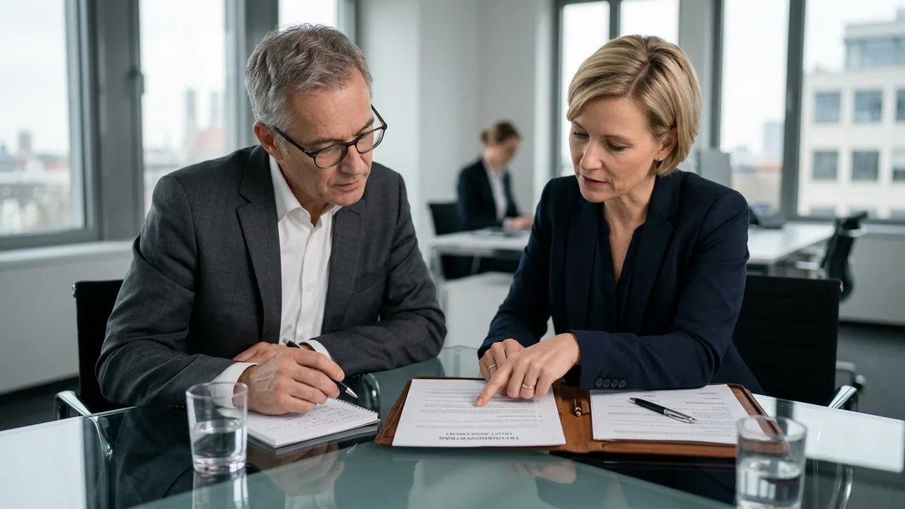 Zwei Fachleute besprechen gemeinsam ein Treuhandvertragsdokument am Glastisch.