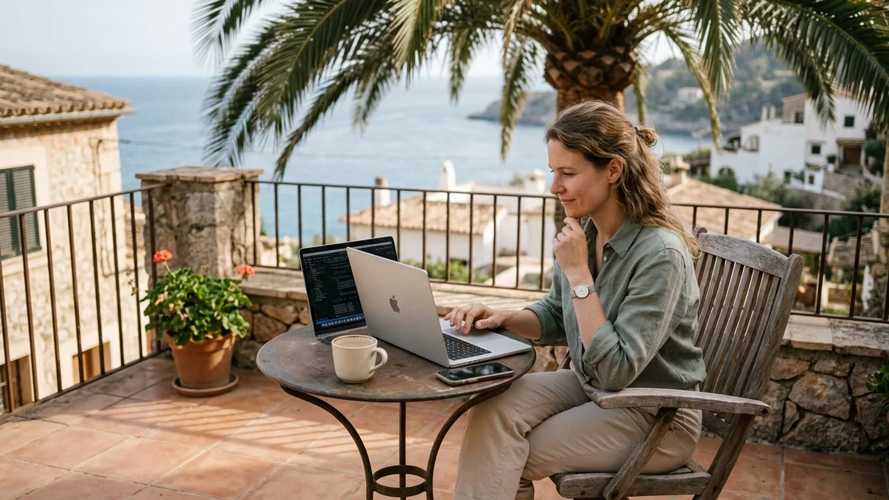 Eine Frau arbeitet mit Laptop auf einer sonnigen Terrasse im Süden, daneben stehen Kaffee und Handy.