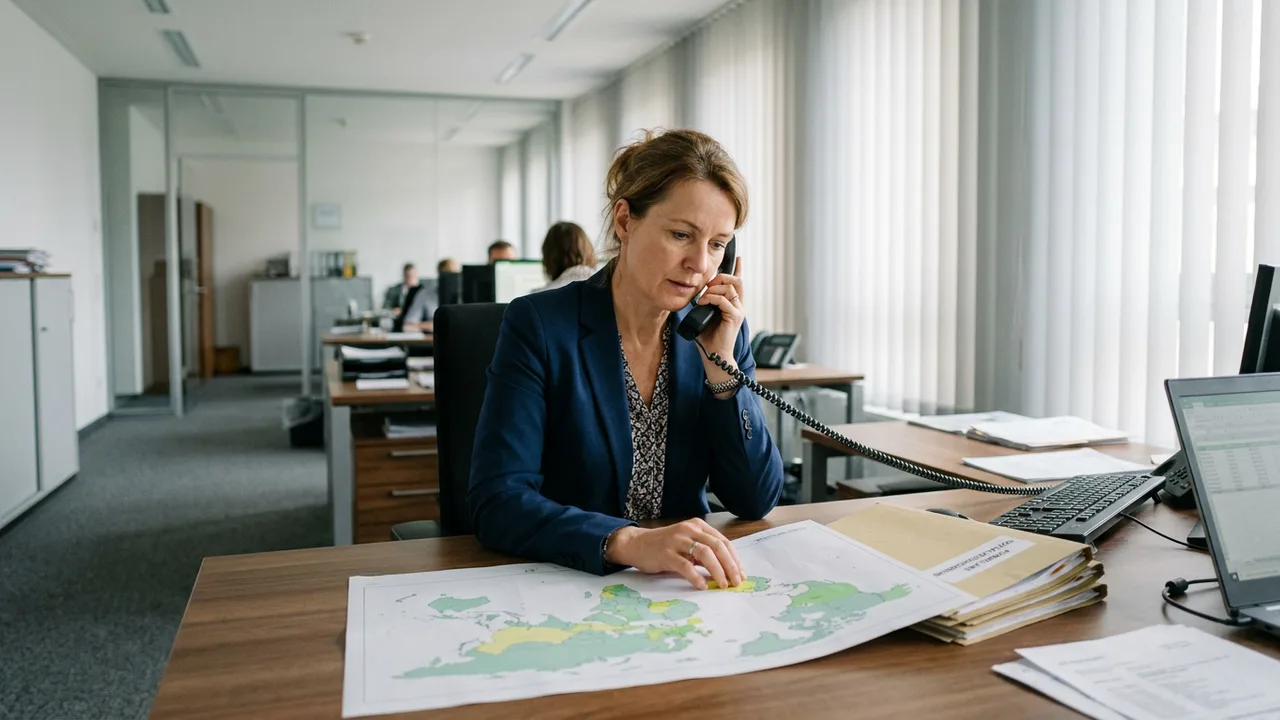 Eine Personalerin prüft im Büro Unterlagen und eine Weltkarte mit markierten Ländern.