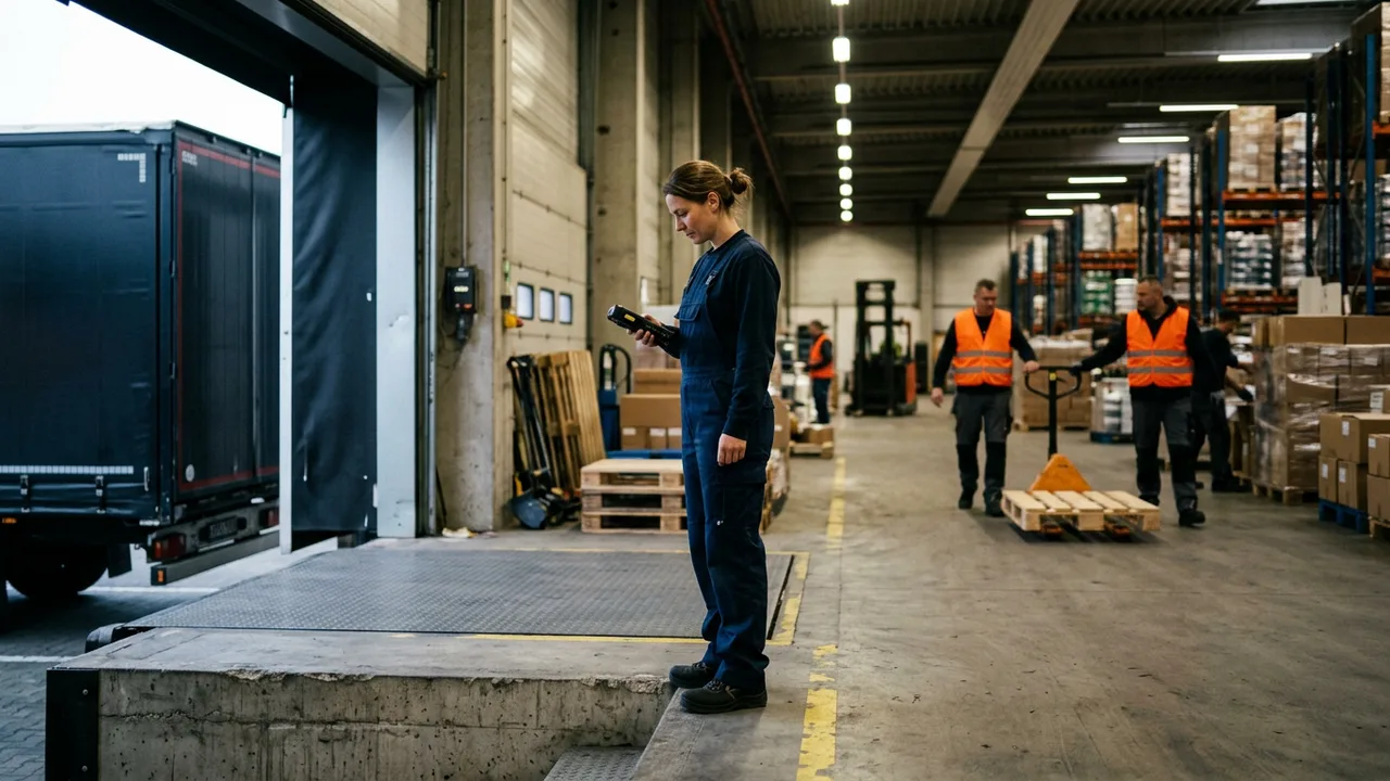Ein Leiharbeiter mit Scanner steht an einer Laderampe in einer Lagerhalle.