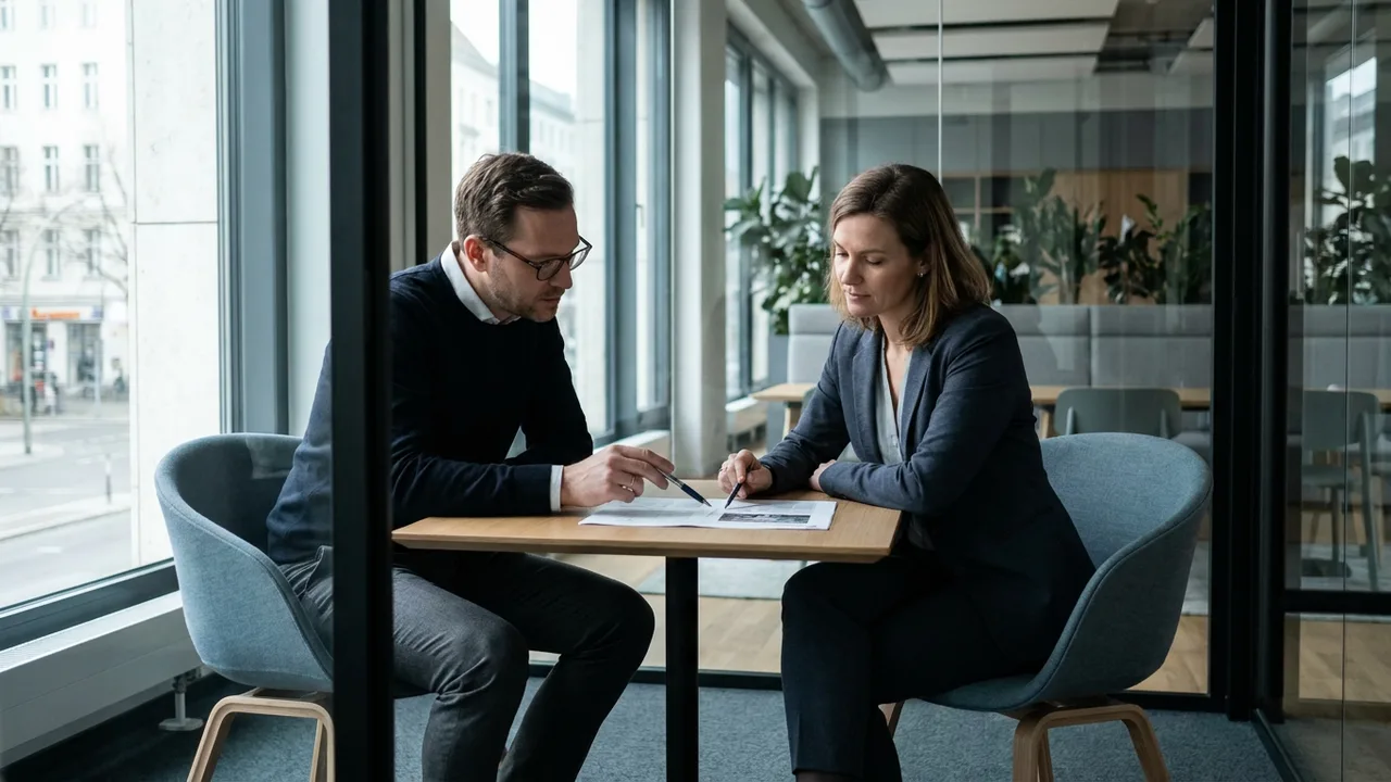 Führungskraft und Mitarbeiter besprechen die Zielvereinbarung im Jahresgespräch