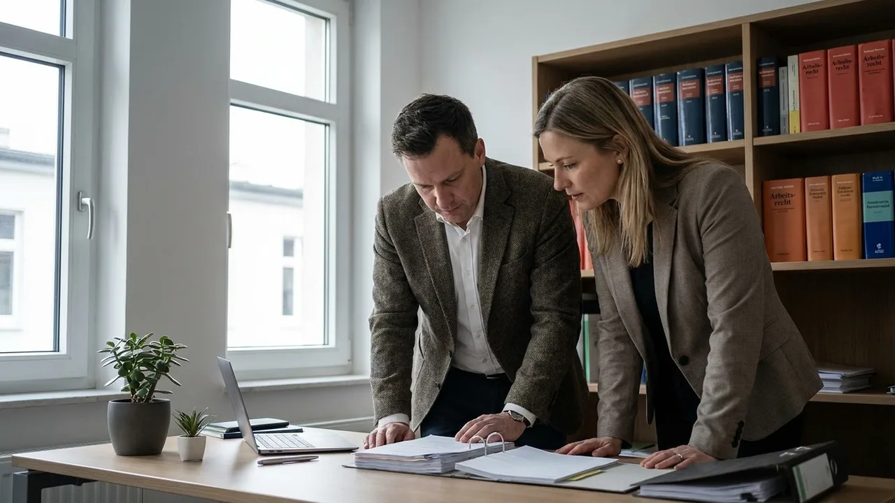 Fachanwalt erläutert einem Unternehmer eine Bonusklausel in der Kanzlei
