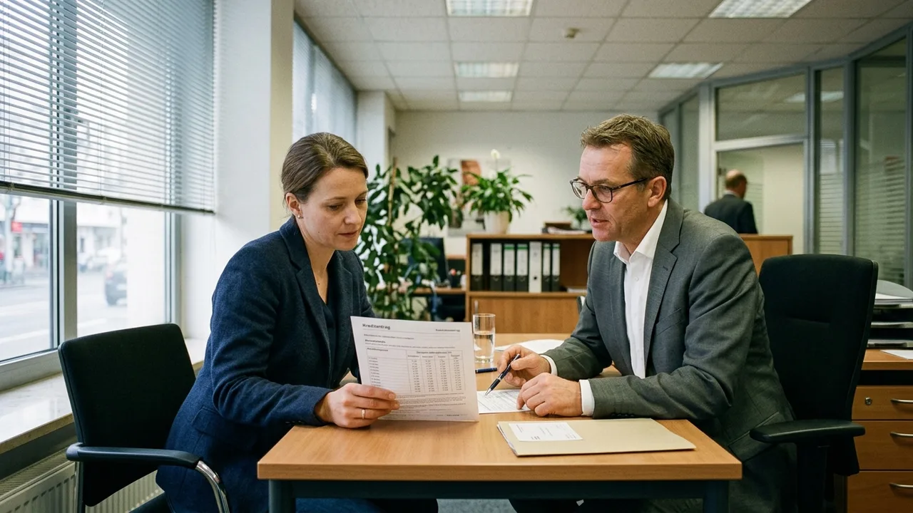 Unternehmer und Bankberater besprechen in der Filiale ein Kreditangebot mit Zinstabelle.