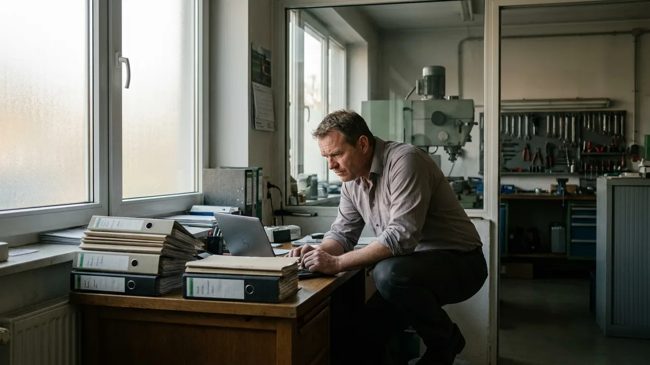 Unternehmerin recherchiert an einem Laptop in ihrem Werkstattbüro nach Förderprogrammen.