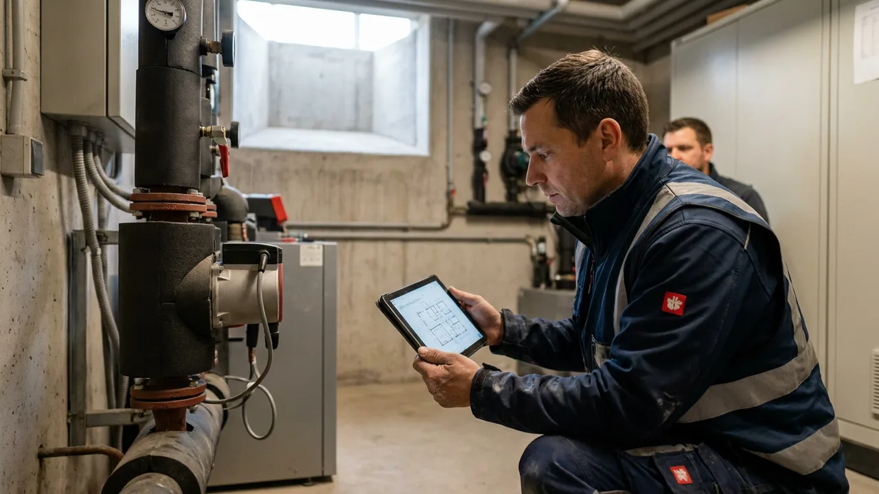 Energieberater prüft mit Tablet eine moderne Heizungsanlage im Technikraum eines Gewerbegebäudes.