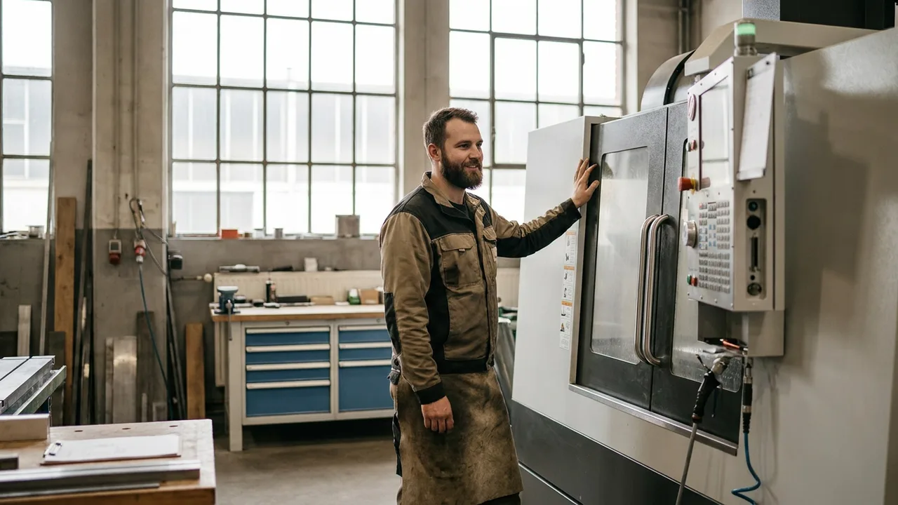 Handwerker steht zufrieden neben einer neuen CNC-Maschine in seiner Werkhalle.