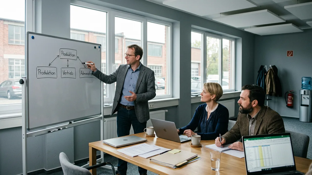 Inhaber und zwei künftige Führungskräfte besprechen an einem Whiteboard eine neue Organisationsstruktur.