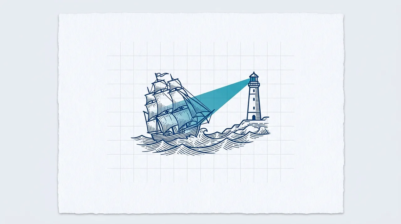 Kupferstich-Illustration: Segelschiff in schwerer See, ein Leuchtturm weist mit seinem Lichtstrahl den Kurs