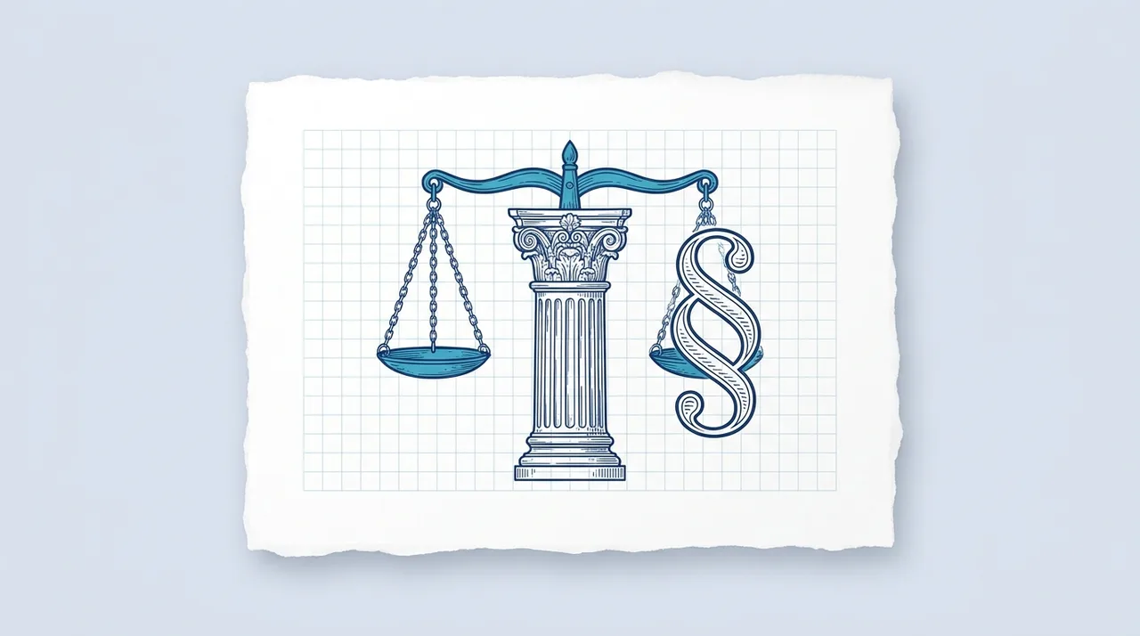 Kupferstich-Illustration: Waagschalen der Justitia auf einer klassischen Säule, daneben ein großes Paragrafenzeichen