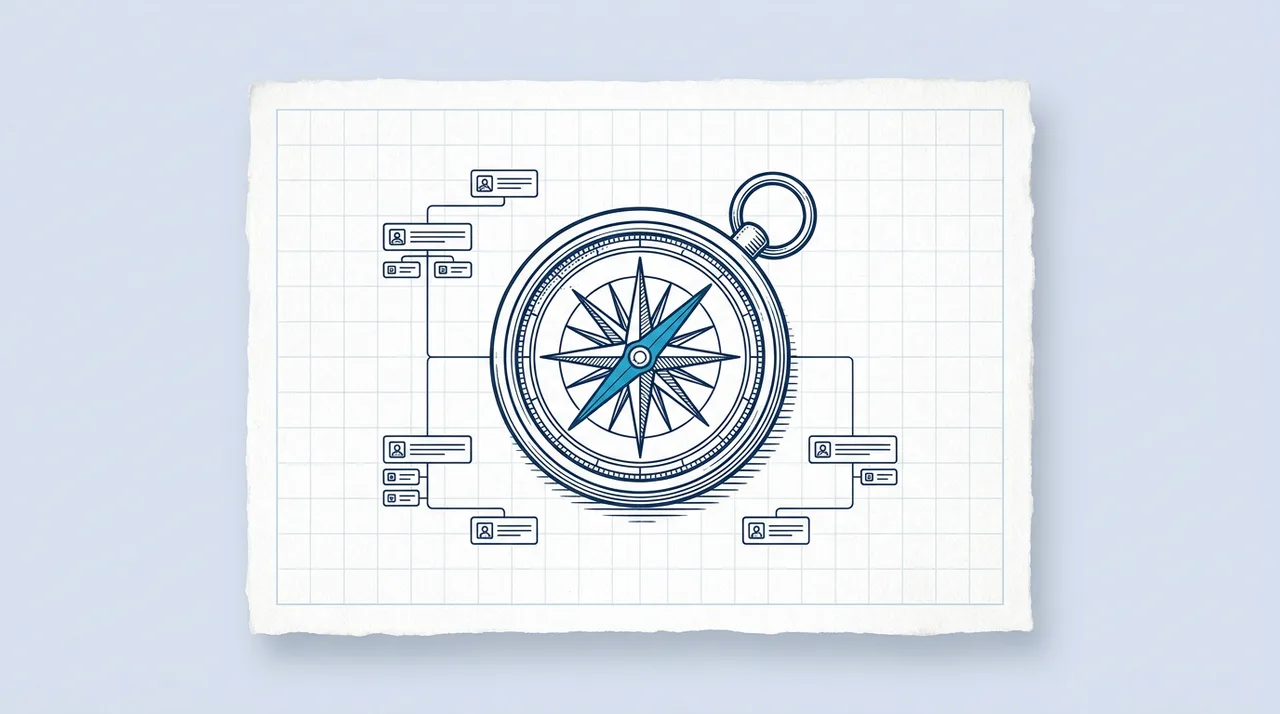 Kupferstich-Illustration: Kompassrose über den verzweigten Linien eines Organigramms