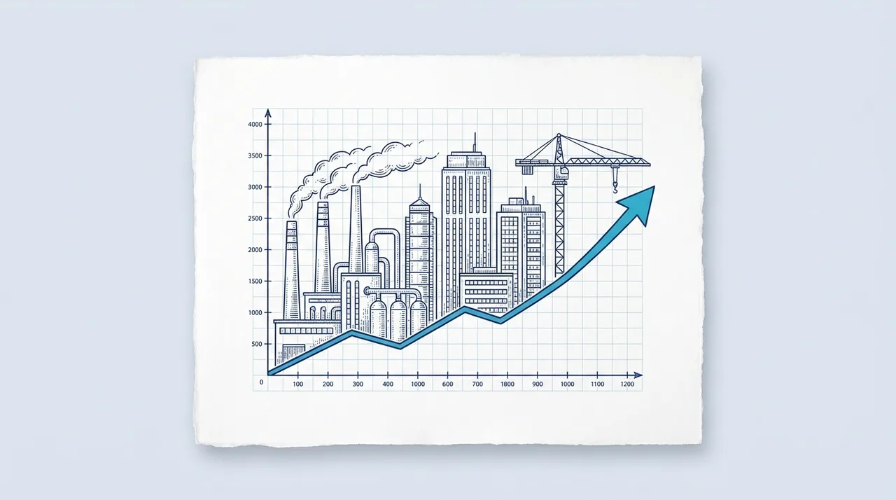 Kupferstich-Illustration: Fabrikgebäude mit Baukran und Schornsteinen auf einer ansteigenden Konjunkturkurve, gezeichnet auf Millimeterpapier